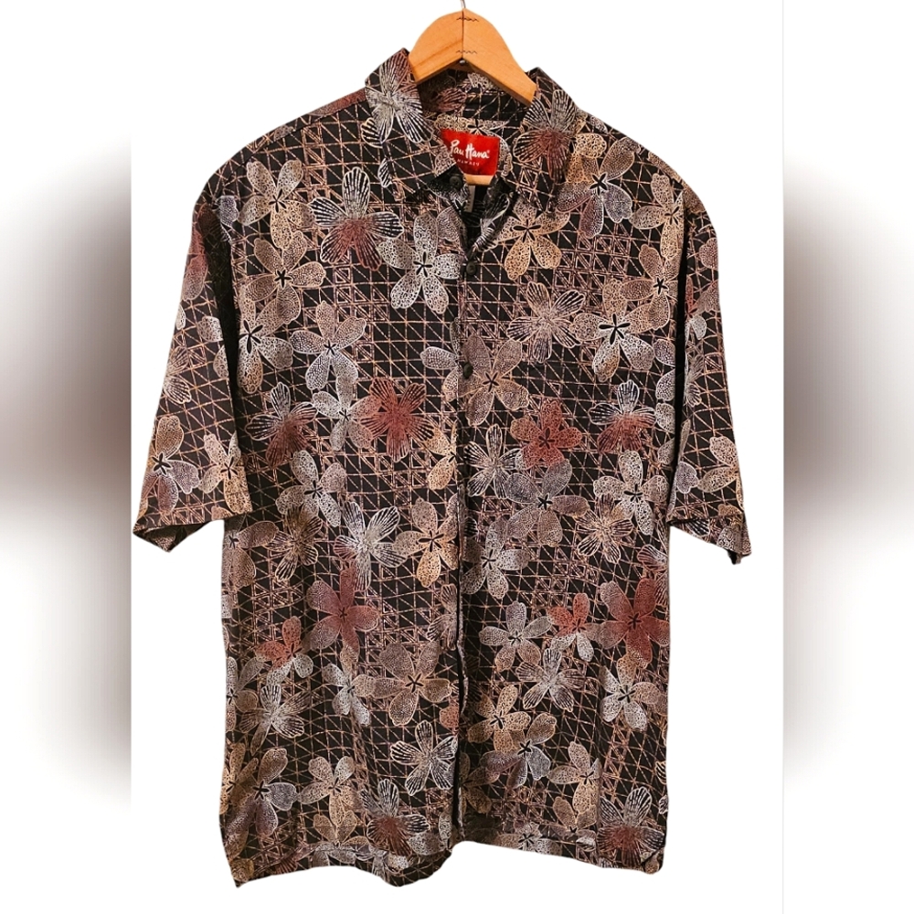 Pau Hana Hawaiian Cotton Blend Mens Shirt L Tan And Black Geometric Flowers